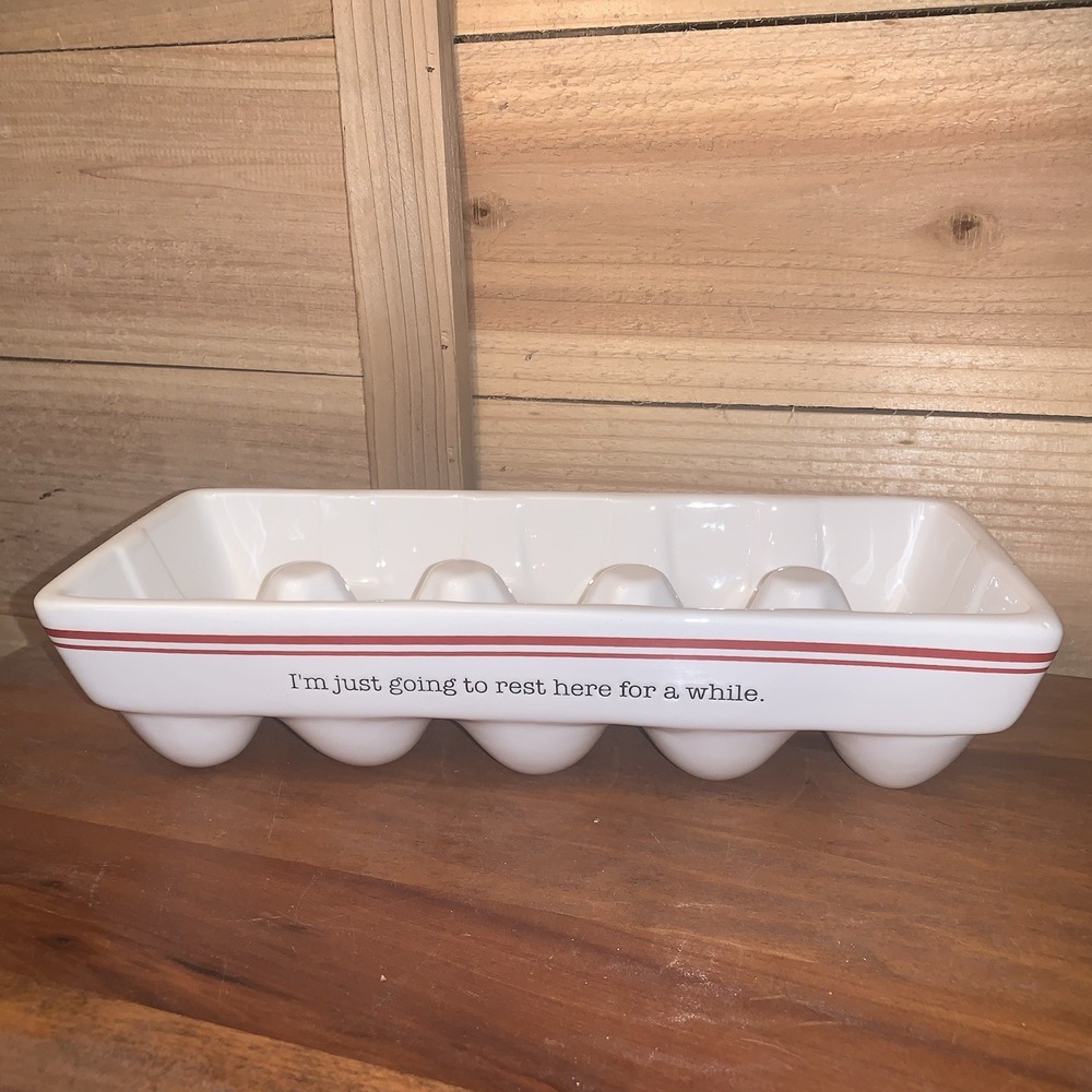 White Ceramic Egg Crate Holder 10 Count Porcelain Carton Farmhouse Kitchen Decor